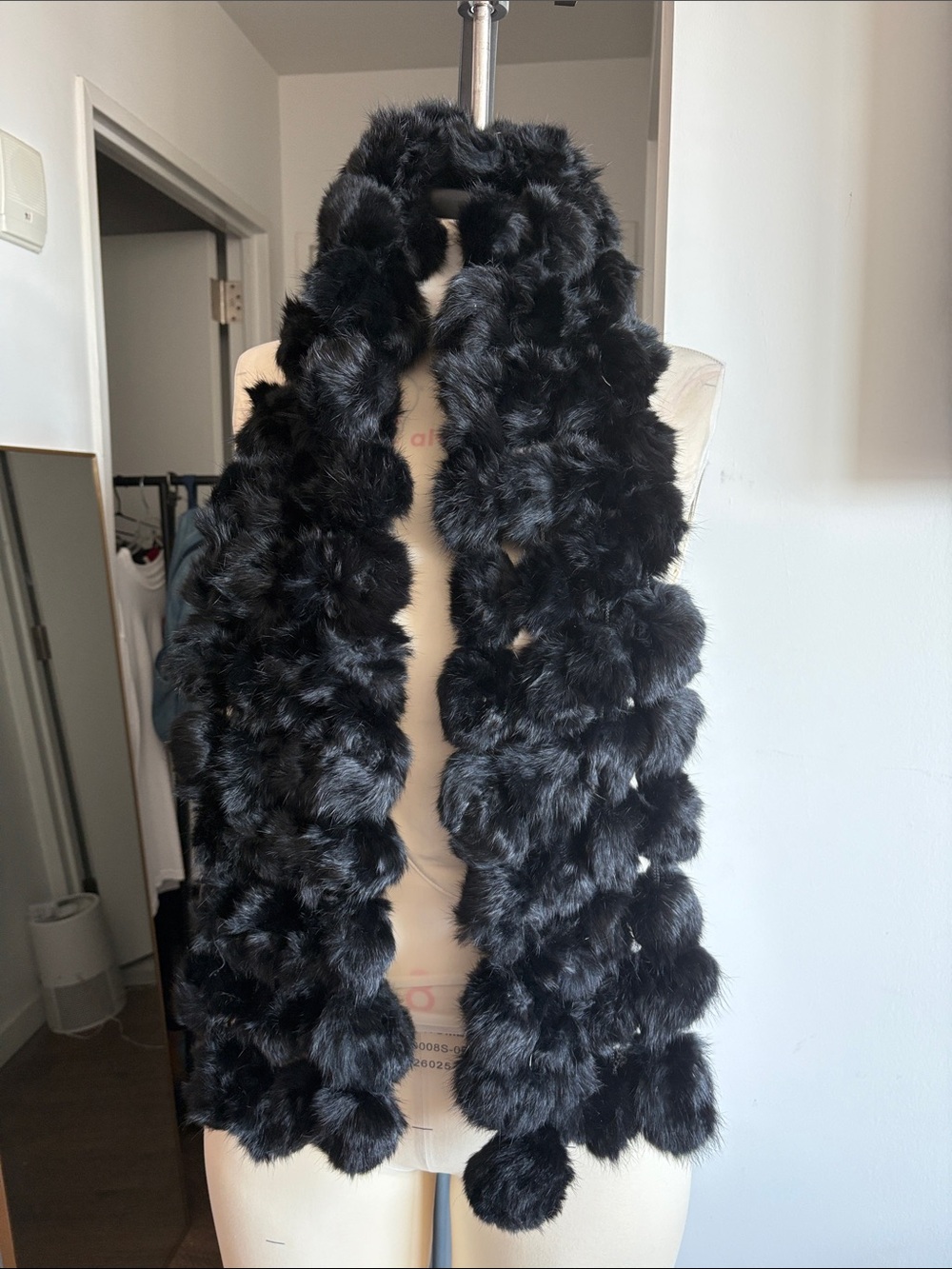 Black Real Mink Fur Pom Scarf - Women's Winter Accessory